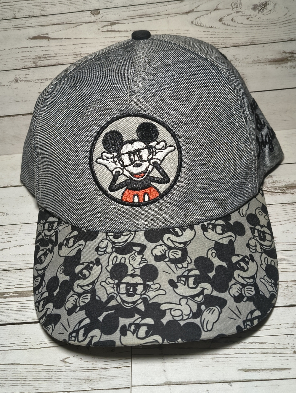 Disney Parks Mickey Mouse Hat Snapback‎ Gray Denim All Over Brim Print Adult